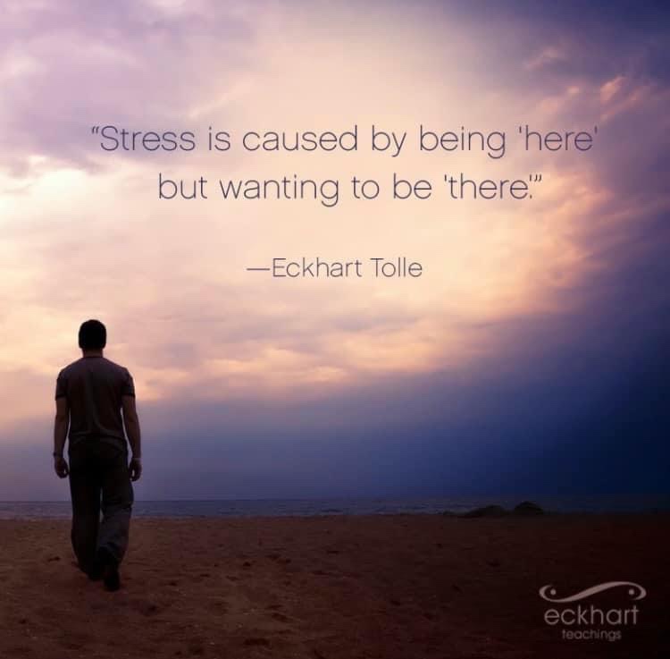 Image of man at the beach with an Eckhart Tolle quote “Stress is caused by being ‘here’ but wanting to be ‘there’.”
